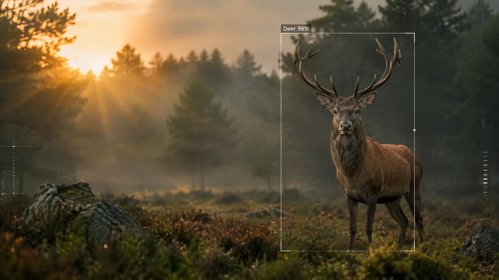 Red deer with AI detection overlay in a forest at sunrise