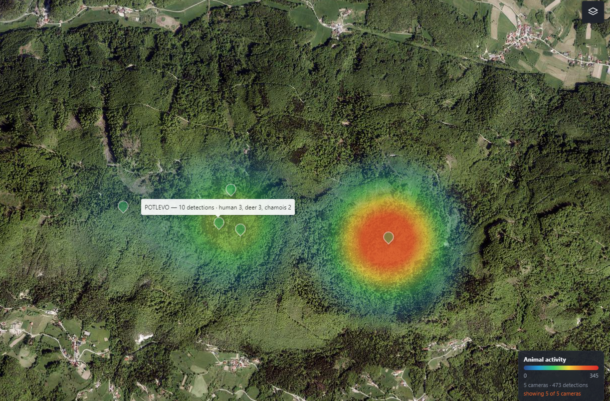 TrailEye camera-site heatmap showing wildlife activity by location